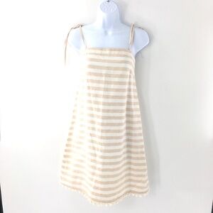 J Crew Dress Spaghetti Straps Linen Cotton Blend Pom Pom Tan Cream Stripe Sz XS